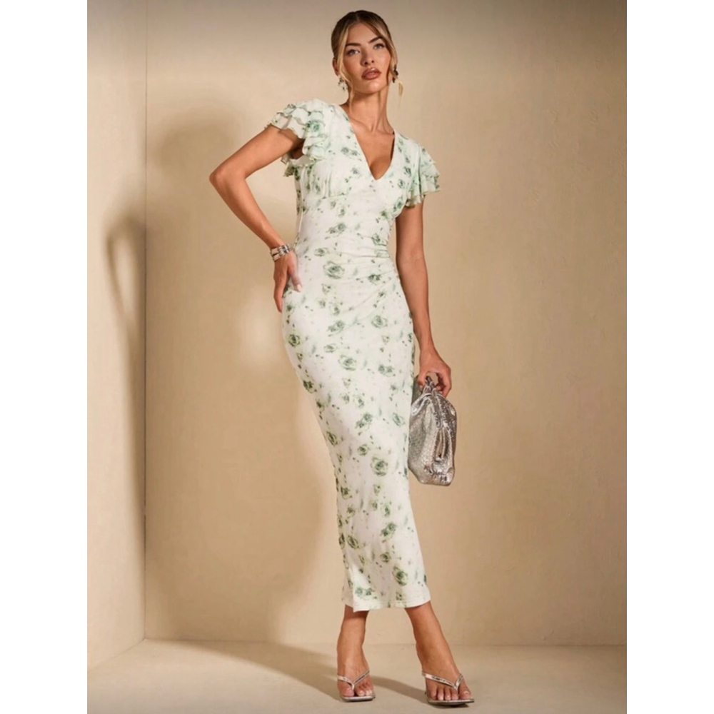 White Green Floral Maxi Ruffle Sleeve Bodycon Dress XS